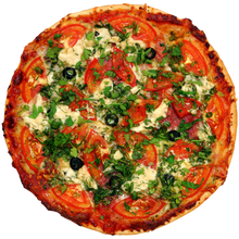 Pizza with tomatoes and greens